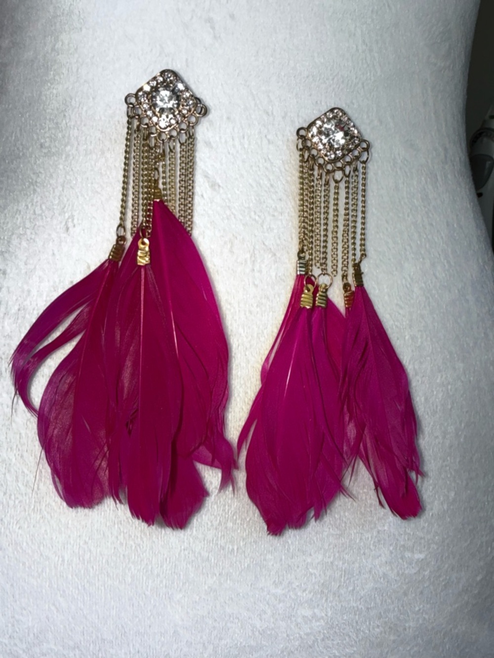 Fuchsia Feather Drop Earrings with Gold Chains